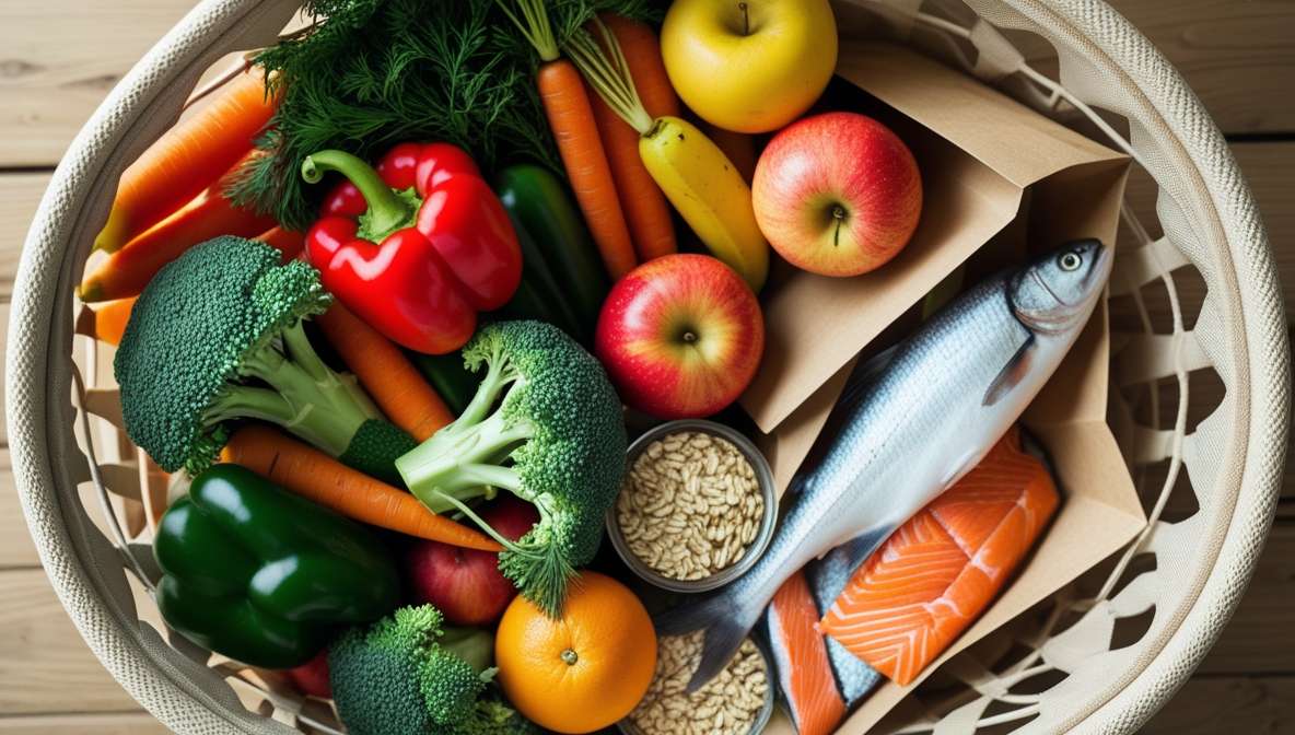 신선한 채소와 과일, 통곡물, 생선 등이 가득 담긴 건강한 장바구니