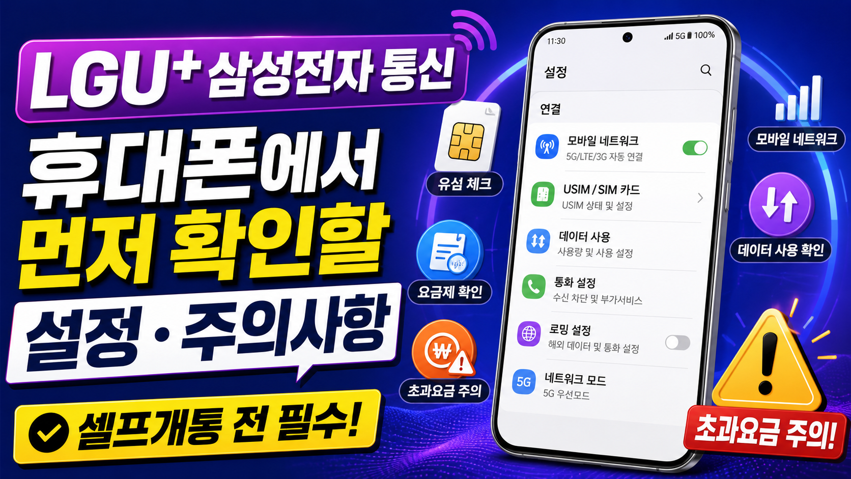 LGU+ 삼성전자 통신 설정과 요금제, 유심, 데이터 사용량, 초과요금 주의사항을 휴대폰 화면으로 안내하는 블로그 썸네일