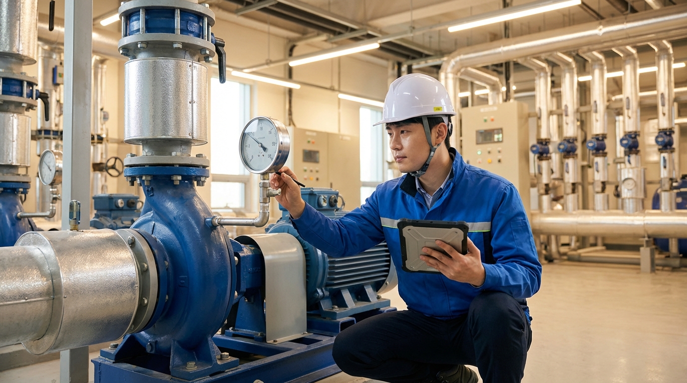 시설관리 직원이 헬멧을 쓰고 공장 지하 기계실에서 시설물을 점검하는 모습