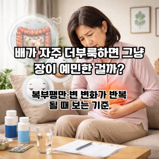 복부팽만과 반복되는 장 불편을 생활 속에서 점검하는 중년의 일상 장면