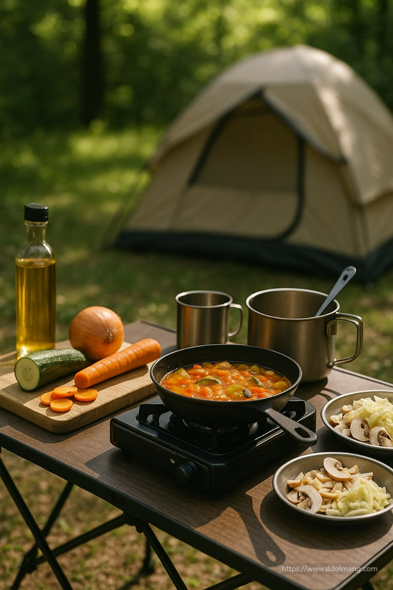 캠핑에서 카레를 만들고 있는 장면