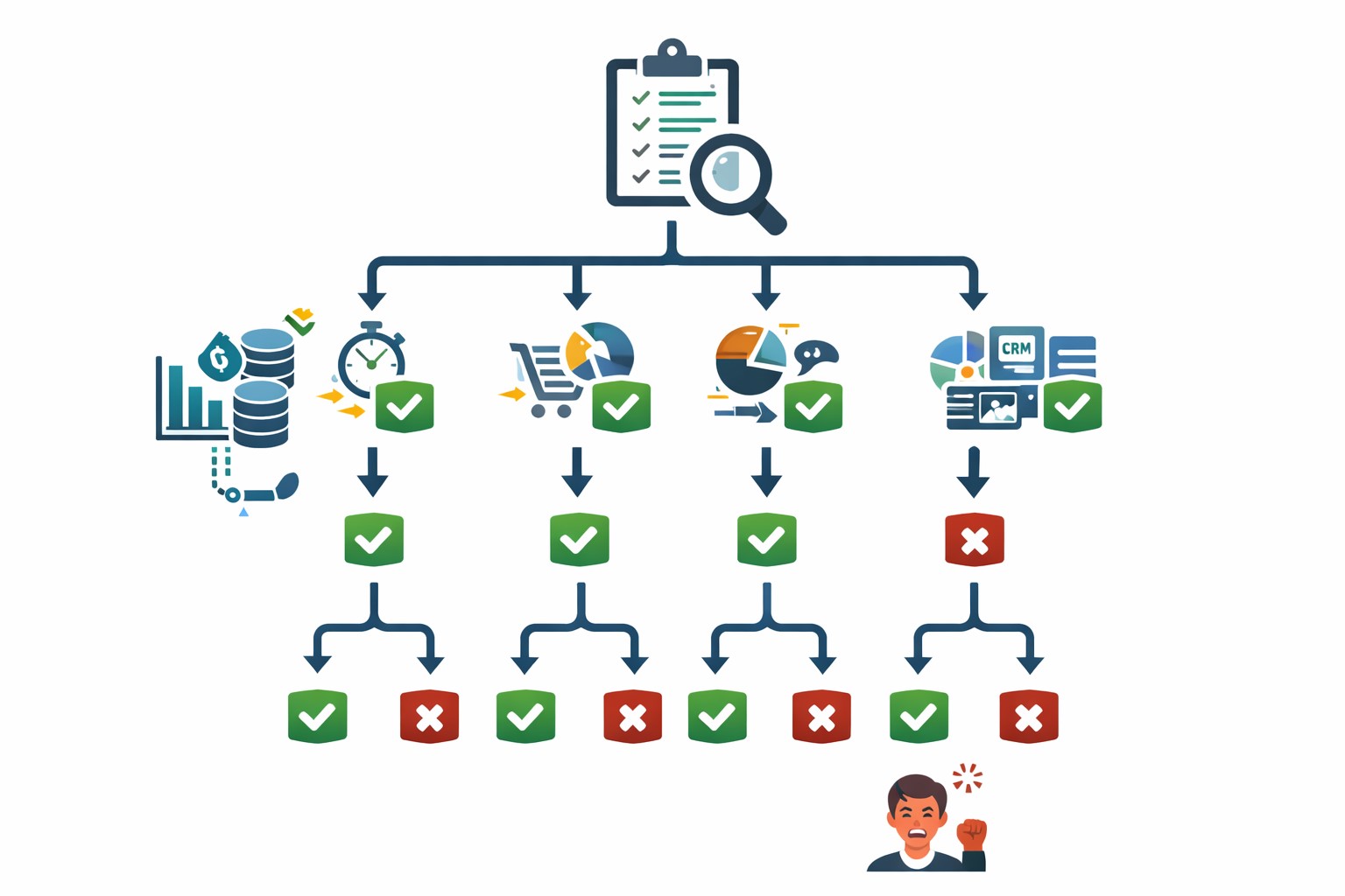 AI 마케팅 자동화 도입 전 점검 질문을 아이콘과 분기 흐름으로 정리한 체크리스트 흐름도