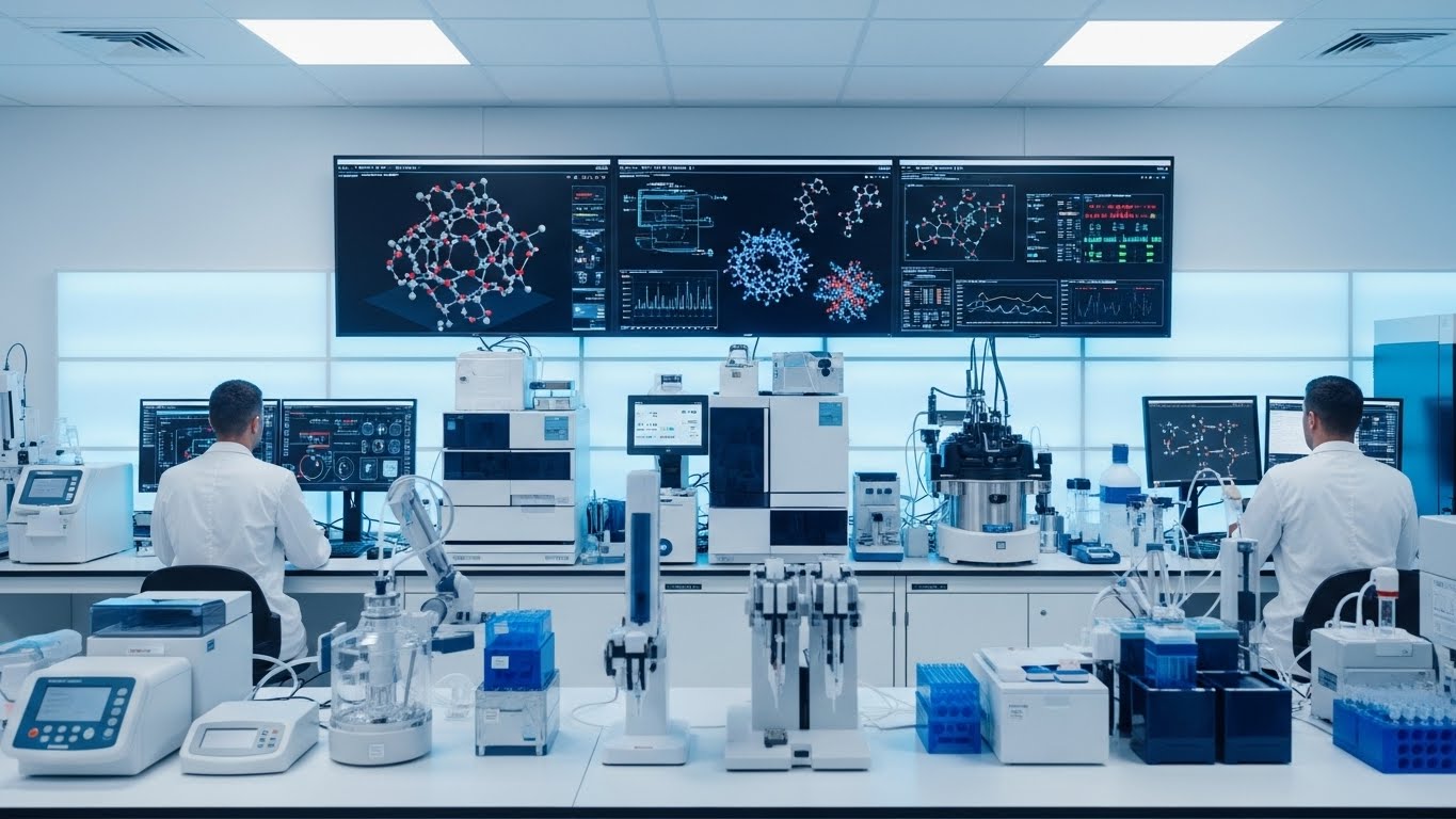 Modern pharmaceutical research lab with advanced biotechnology equipment, scientists analyzing data on large monitors showing molecular structures and drug development charts, clean white and blue laboratory environment, professional medical research atmosphere, high-tech biotech innovation, 8K ultra detailed, bright lighting