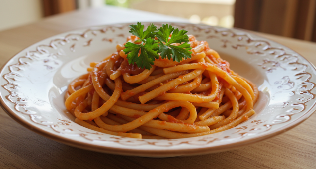 토마토 파스타가 먹음직스럽게 놓여 있다.