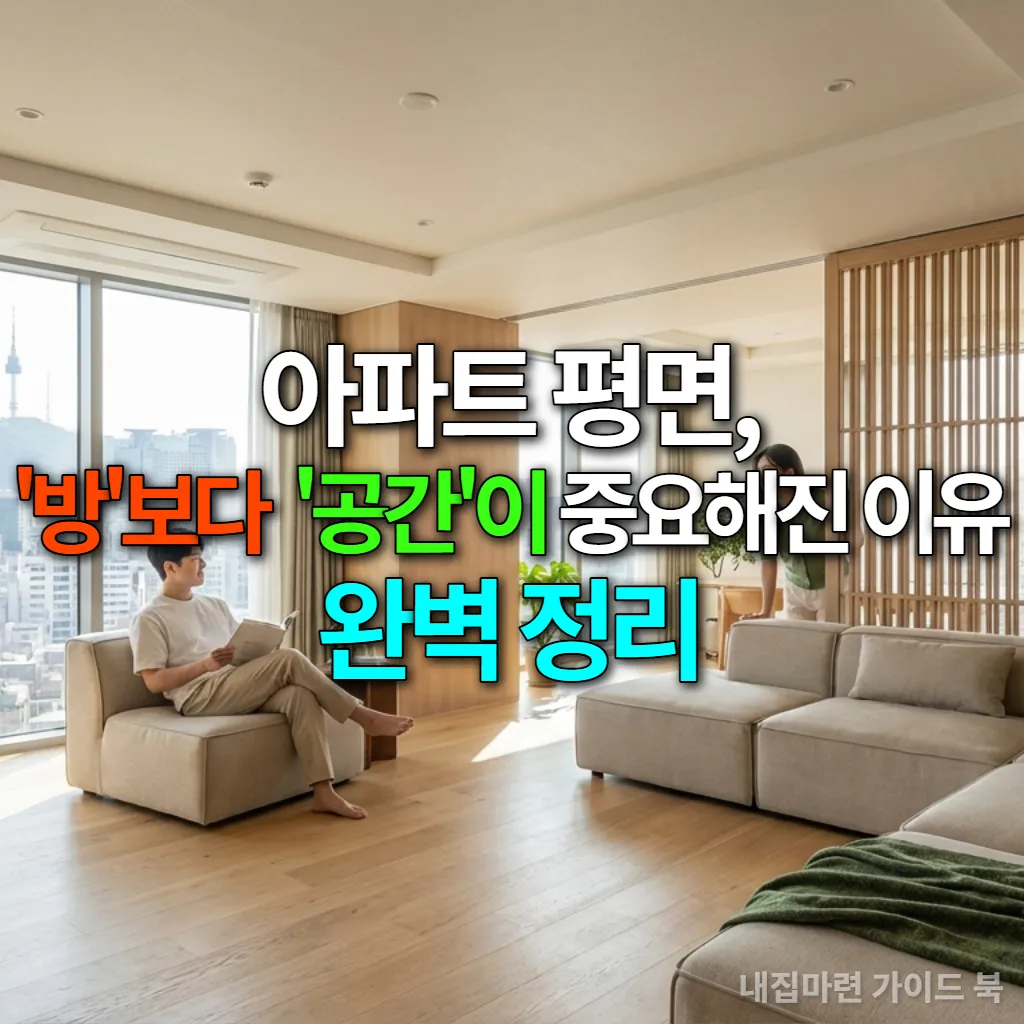 현대적인 아파트 거실에서 유연하게 배치된 가구와 함께 여유를 즐기는 한국인 부부의 모습