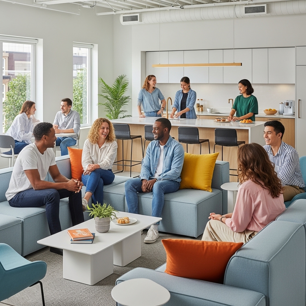 2025년 미래형 코리빙 스페이스의 활기찬 공용 라운지에서 다양한 젊은이들이 함께 웃고 교류하는 모습. 따뜻하고 현대적인 디자인이 돋보입니다.
