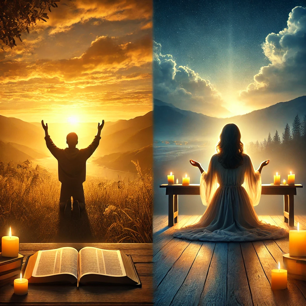 Here is the illustration of a person engaging in worship and prayer, reflecting on Jesus as the eternal High Priest, both at sunrise and in the peaceful glow of evening candlelight.
