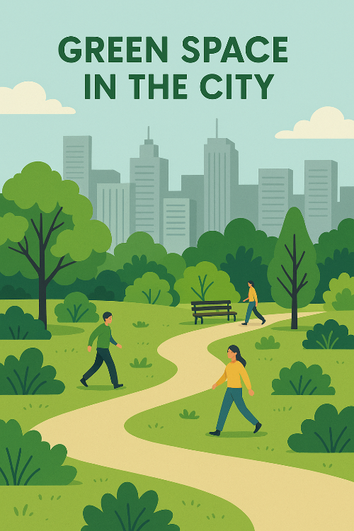 도시의 중심에 공원과 나무가 조화롭게 배치된 디지털 일러스트