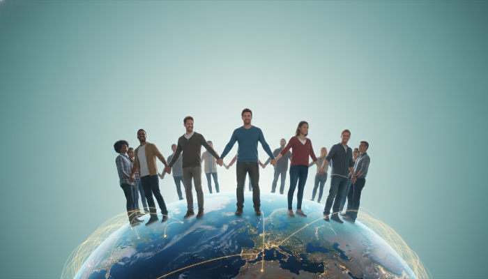 서로 손을 잡고 지구 위에 서 있는 다양한 인종의 사람들이 따뜻하게 미소 지으며 연대와 화합을 상징하는 모습