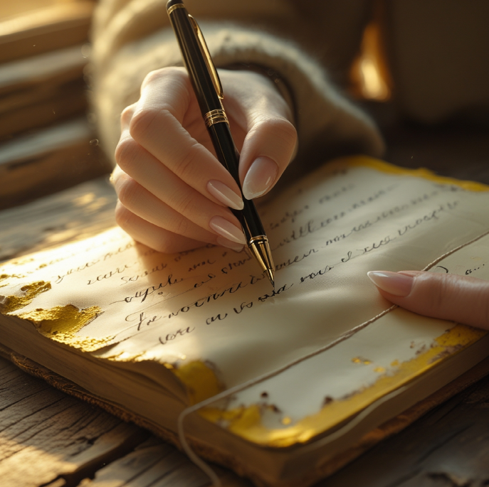 손이 감정적인 글을 일기에 쓰는 장면