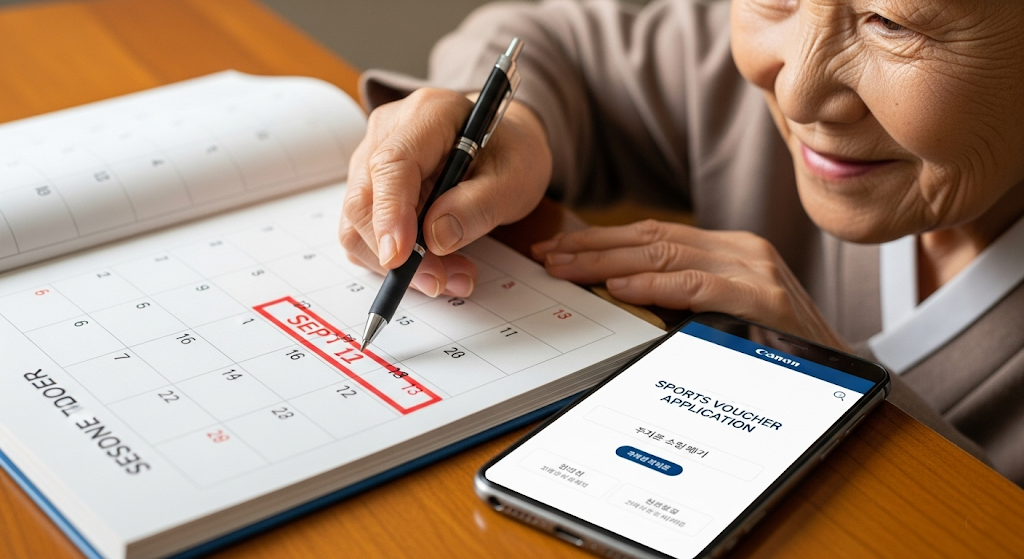 9월 4~13일이 붉게 표시된 달력을 클로즈업으로 보여주며, 옆에는 스포츠 바우처 신청 사이트가 켜진 스마트폰이 있음