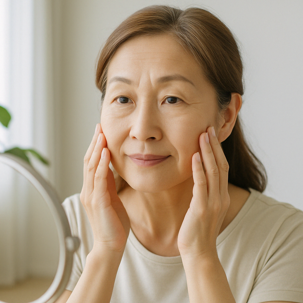 밝은 자연광 아래, 중년 여성이 거울 앞에서 피부를 살펴보는 장면