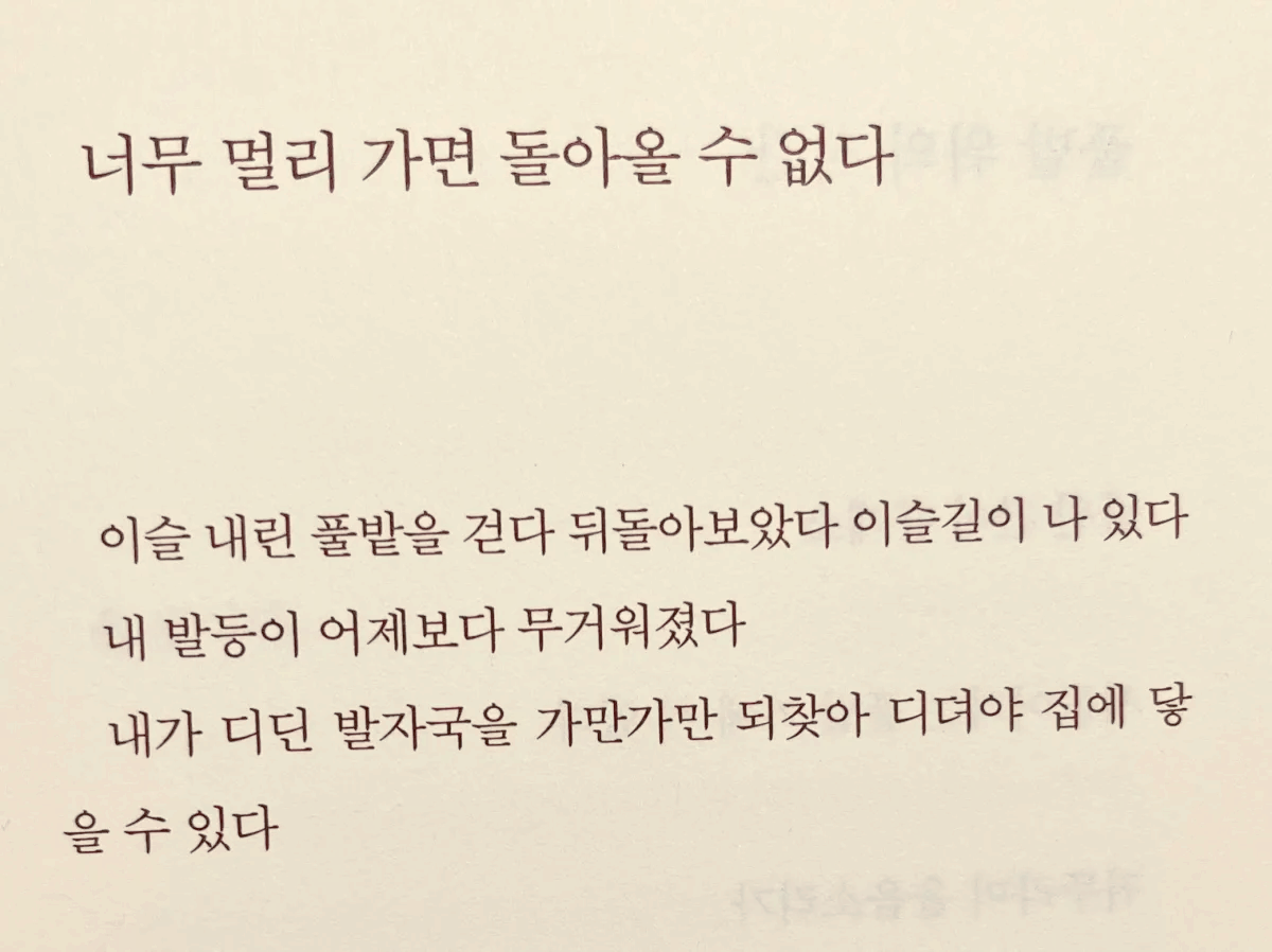 너무 멀리 가면 돌아올 수 없다는 시가 적힌 사진