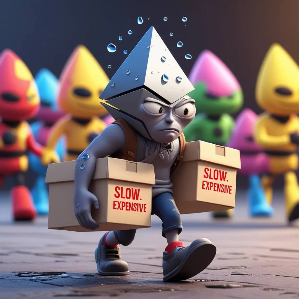이더리움의 속도와 수수료가 옵티미즘 코인에 비해서 느리고 비싸다는 것을 상징적으로 표현한 이미지.