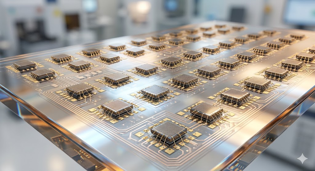 반짝이는 유리 기판(Glass Substrate) 위에 미세한 반도체 칩들이 실장된 고화질 이미지