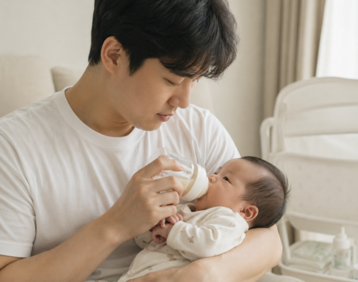 신생아 분유 수유 중인 아빠와 아기 모습, 초보 아빠 육아 일상 이미지