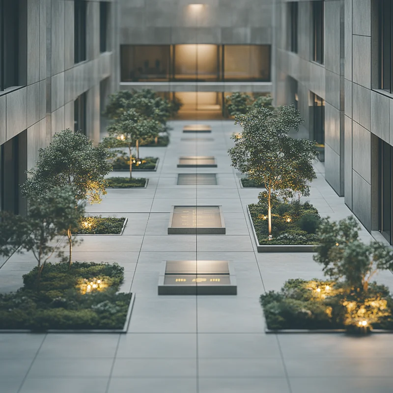 세련된 도시 환경에서 장기 투자전략에 대한 신중한 시각화, 안정성과 잠재력을 전달하는 따뜻한 조명과 전략적 요소에 집중한 장면