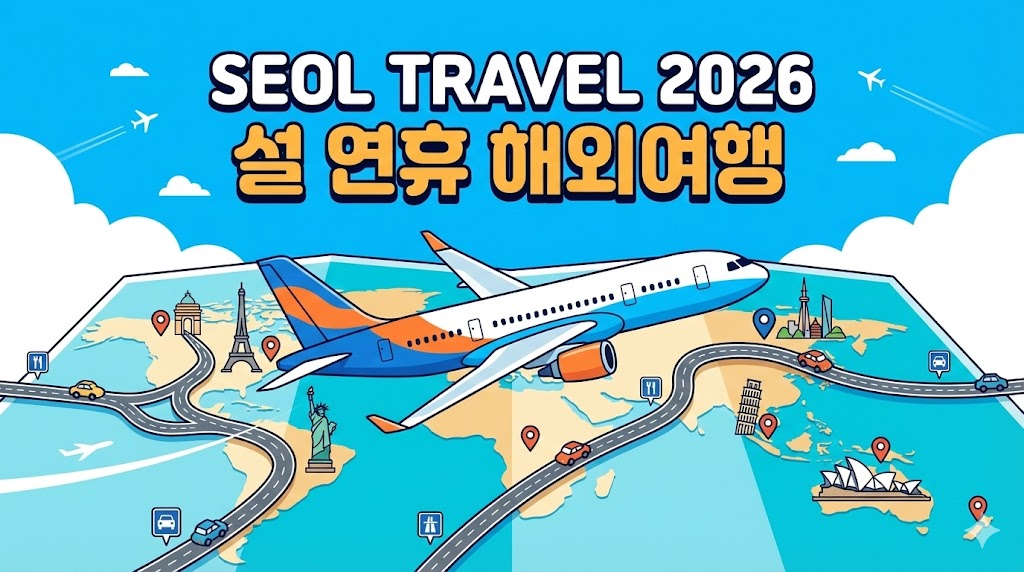 2026년 설 연휴 해외여행과 고속도로 정보를 담은 벡터 일러스트