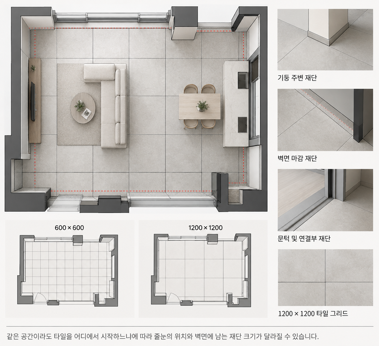 거실 타일 배치 도면 재단 위치