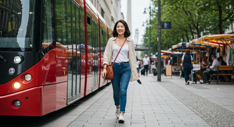 해외 도시의 좋은 위치에 있는 숙소 덕분에 편리하게 여행을 즐기는 여행자의 모습.