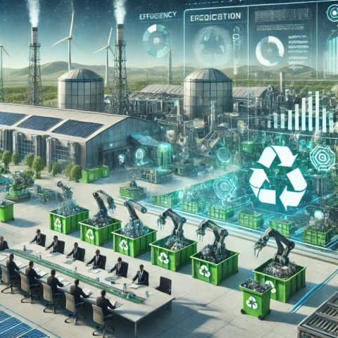 공장에서 폐기물을 재활용하는 모습
녹색 산업 단지 또는 친환경 공정 장면
데이터 분석을 통한 재활용 공정 최적화 인포그래픽
정부 및 기업의 협업 회의 모습