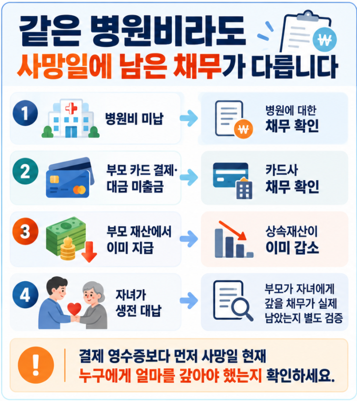 상속세 채무 공제에서 미납 병원비, 부모 카드 미결제, 부모 자금 결제, 자녀 대납의 사망일 상태를 비교하는 흐름