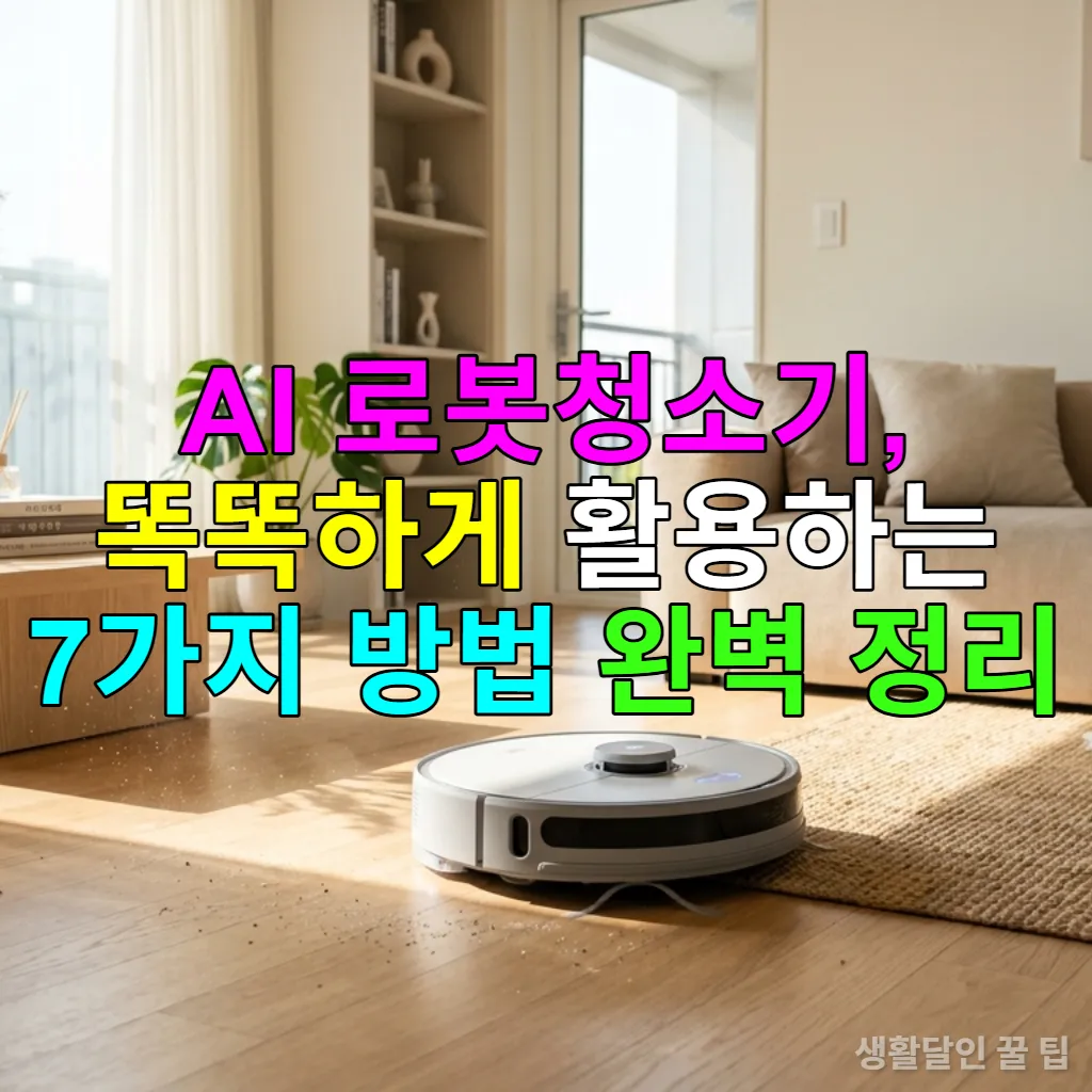 모던한 한국 거실에서 AI 로봇청소기가 깔끔하게 청소하는 모습