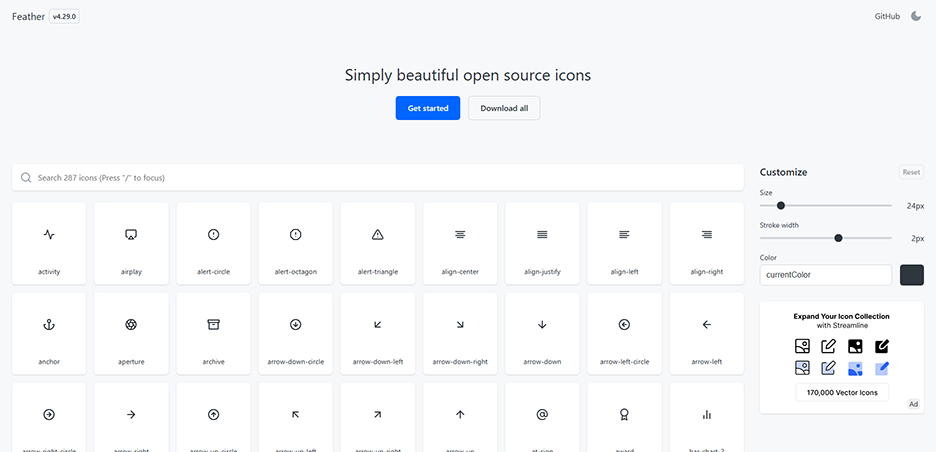 Feather Icons 사이트 메인 화면