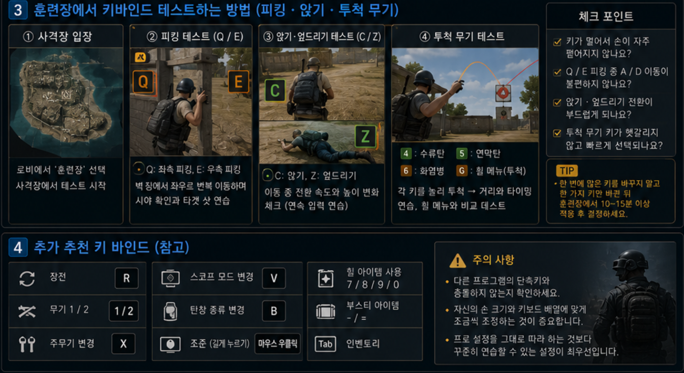배그 훈련장에서 피킹 앉기 투척 무기 키바인드를 테스트하는 방법