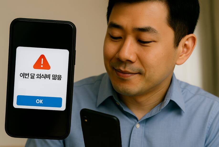 스마트폰 화면의 &lsquo;이번 달 외식비 많음&rsquo; 알림을 확인하는 청년.