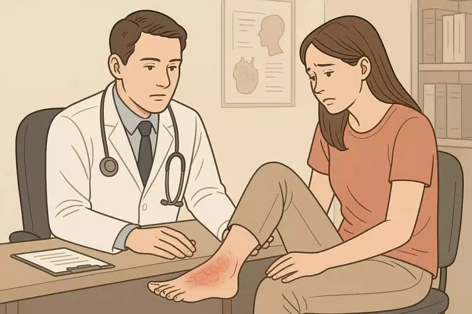 피부과 진료를 받는 환자, 발등 가려움이 심해 일상 지장, 진물·부기·통증 동반