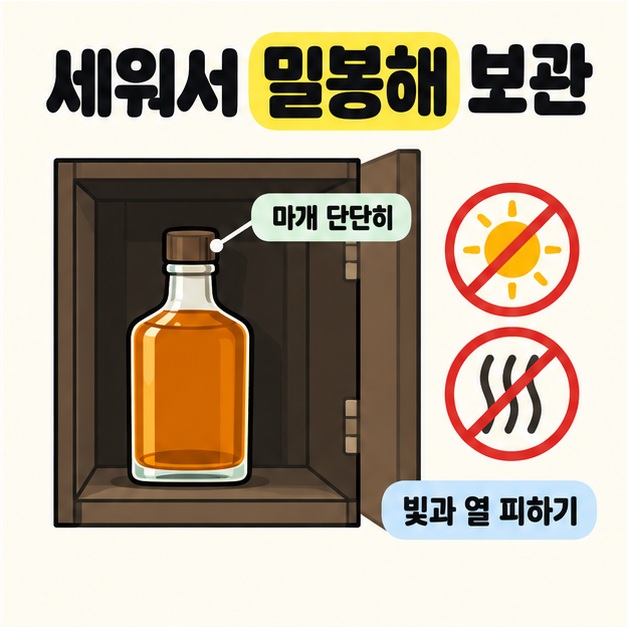 수납장 안에 위스키 병을 세워 두고 마개를 단단히 닫으며 빛과 열을 피하도록 금지 기호를 표시한 보관 그림