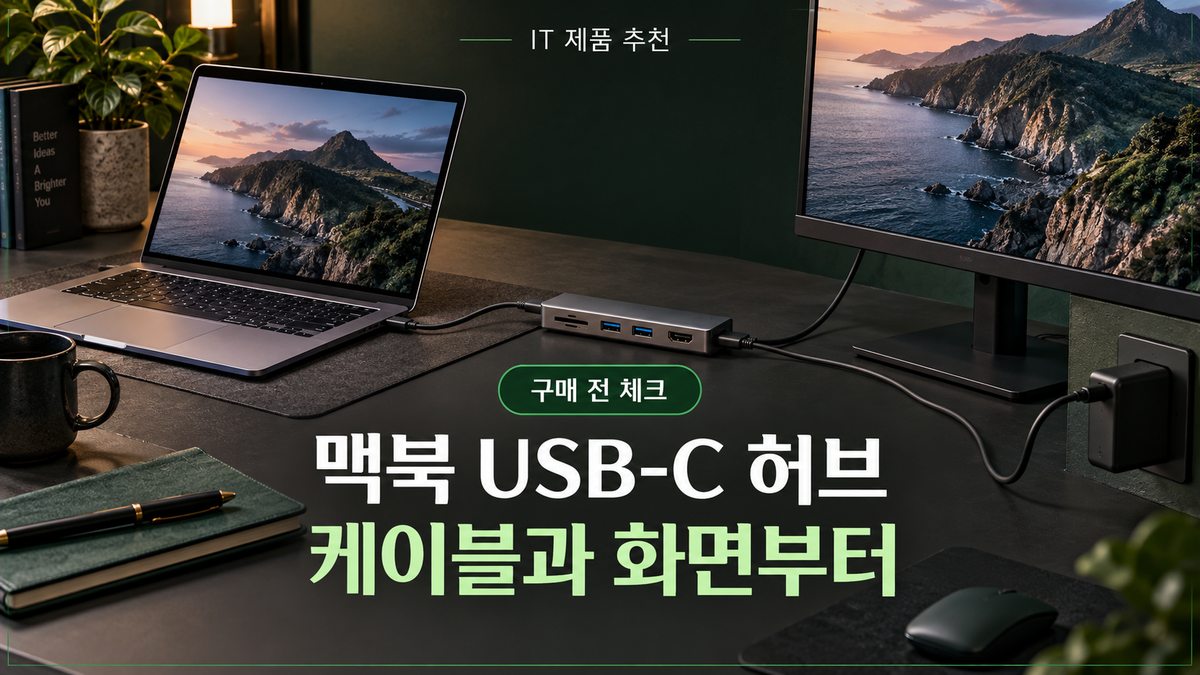 맥북 USB-C 허브와 외장 모니터가 놓인 작업 공간을 보여주는 대표 이미지