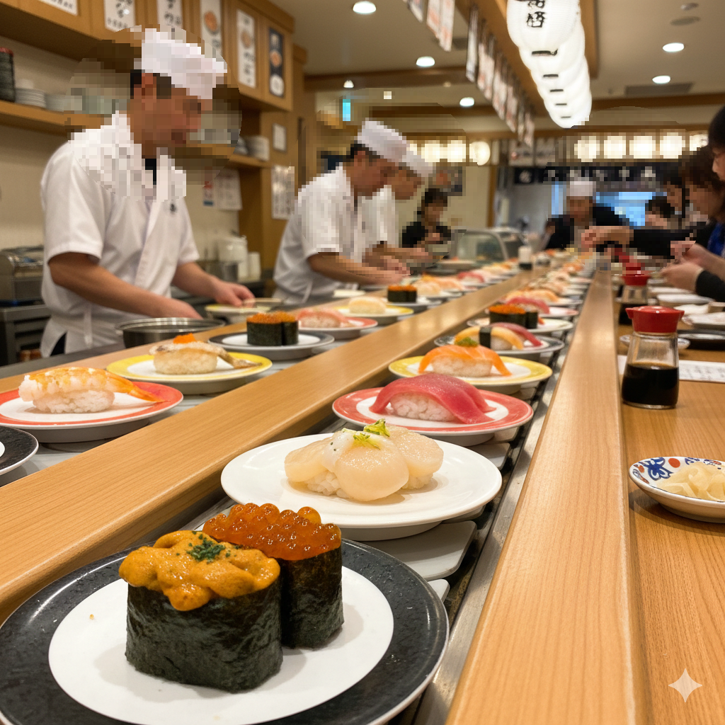 성게 연어알 이 듬뿍올라간 회전초밥 전문점
