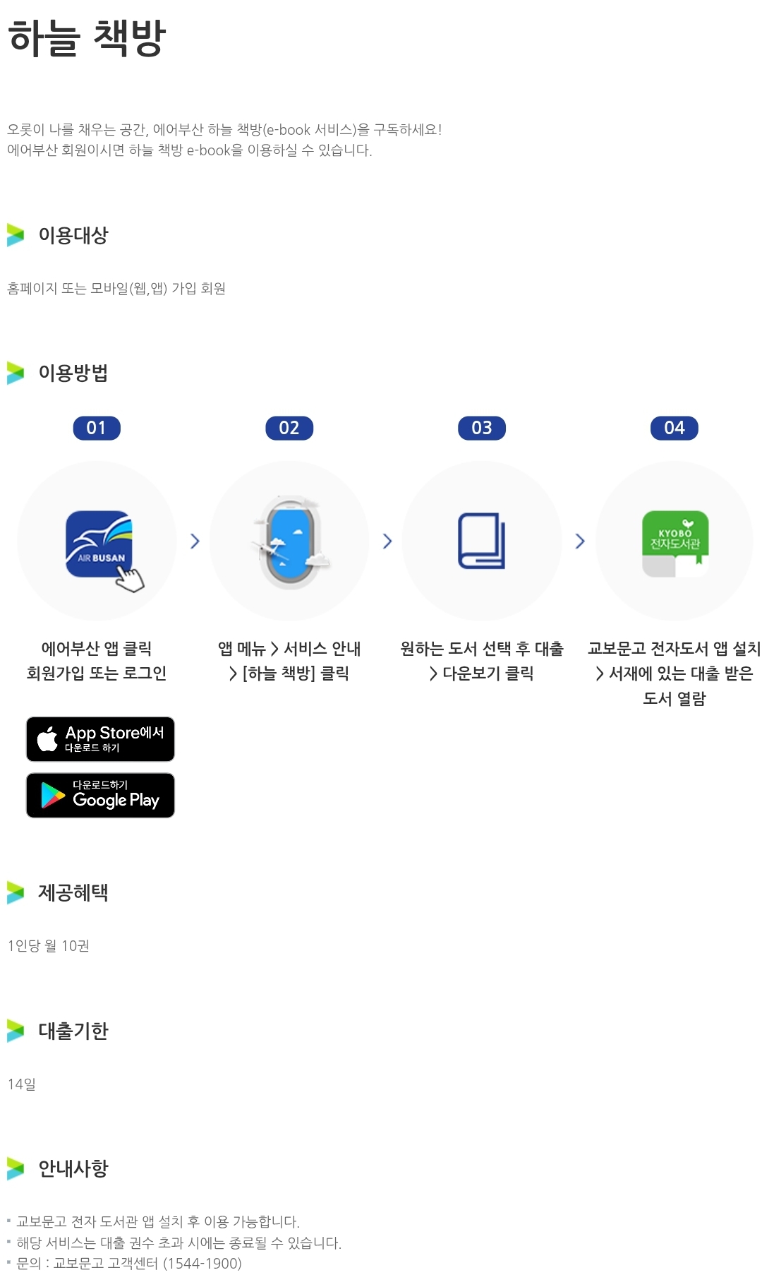 에어부산 하늘 책방(e-book 서비스) 이용방법, 대출기한 등 이용안내