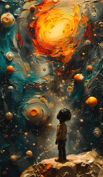 우주의 신비로운 모습을 바라보는 아이