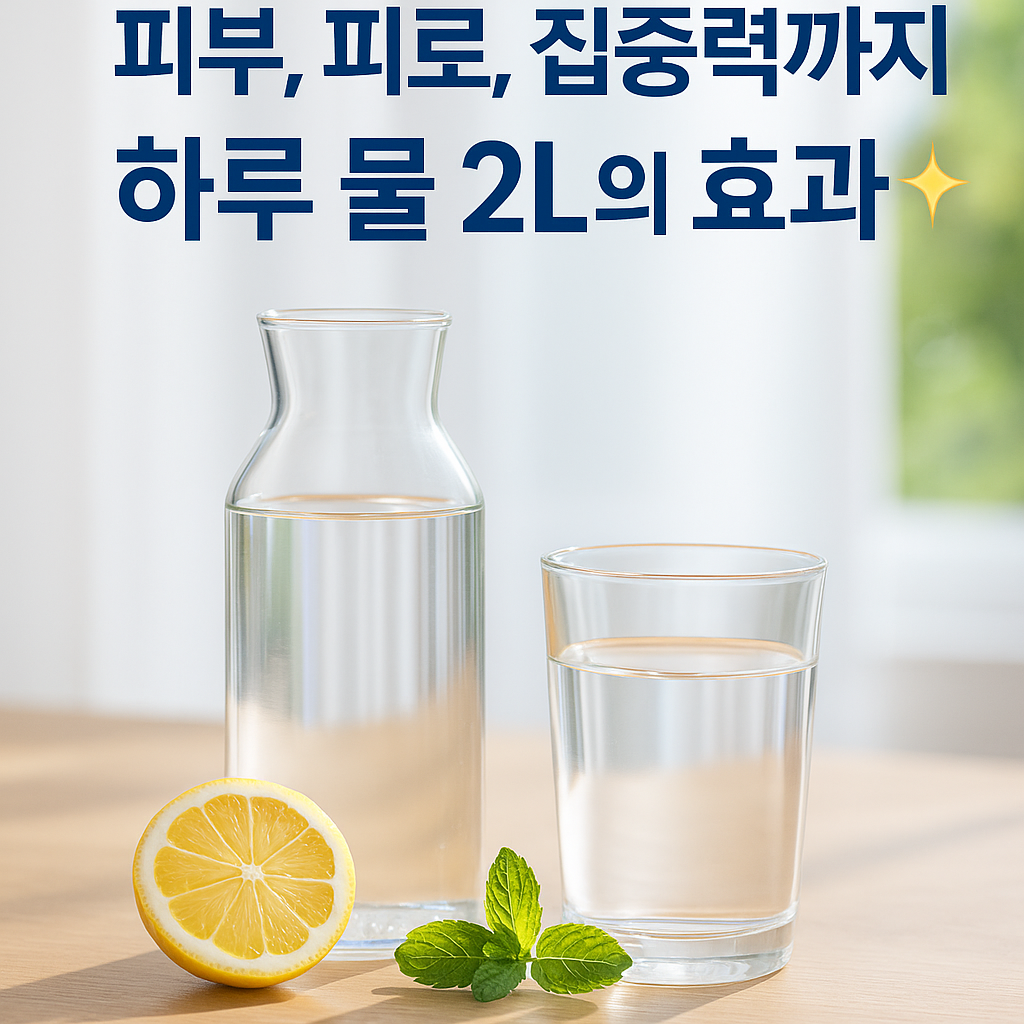 맑은 유리병과 물컵, 레몬과 민트가 함께 놓인 테이블 위에 ‘하루 물 2L의 효과’라는 문구가 들어간 상쾌한 분위기의 썸네일 이미지