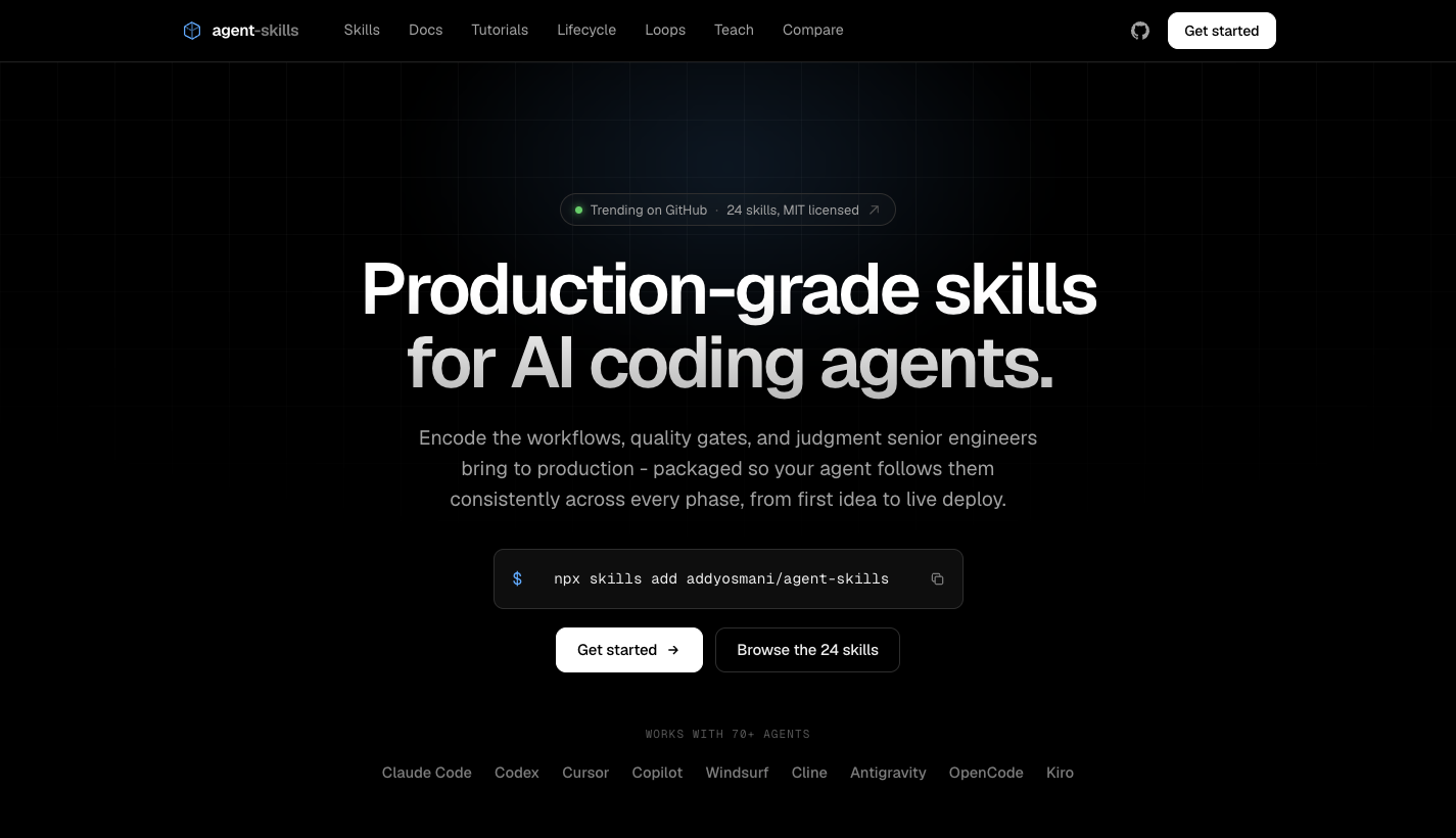 agent-skills 공식 사이트 skills.addy.ie 메인 화면