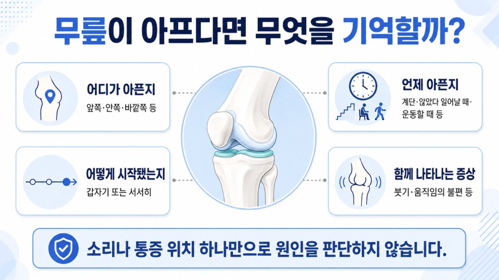 무릎 통증이 있을 때 아픈 위치와 통증이 생기는 동작 시작 시점을 함께 확인하는 내용