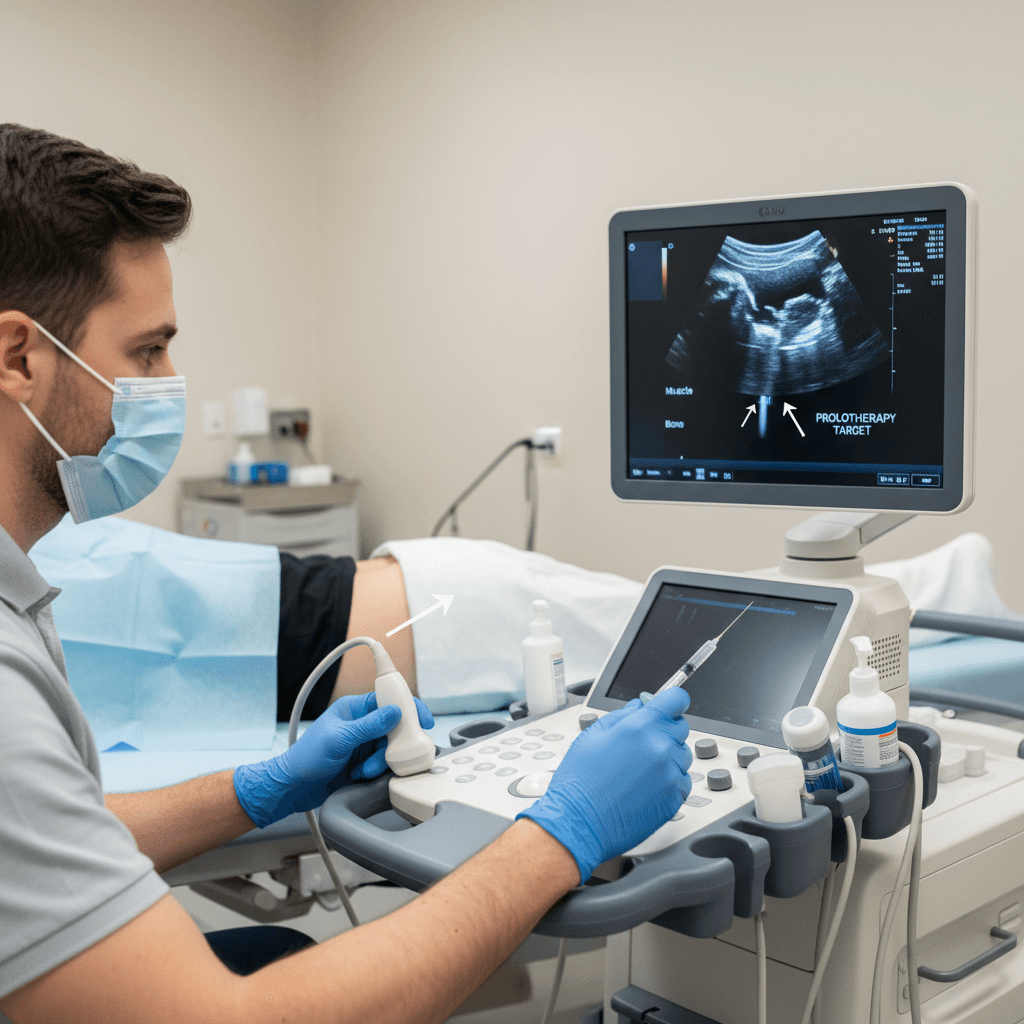 의료진이 초음파 유도 하에 프롤로 주사를 놓는 장면
