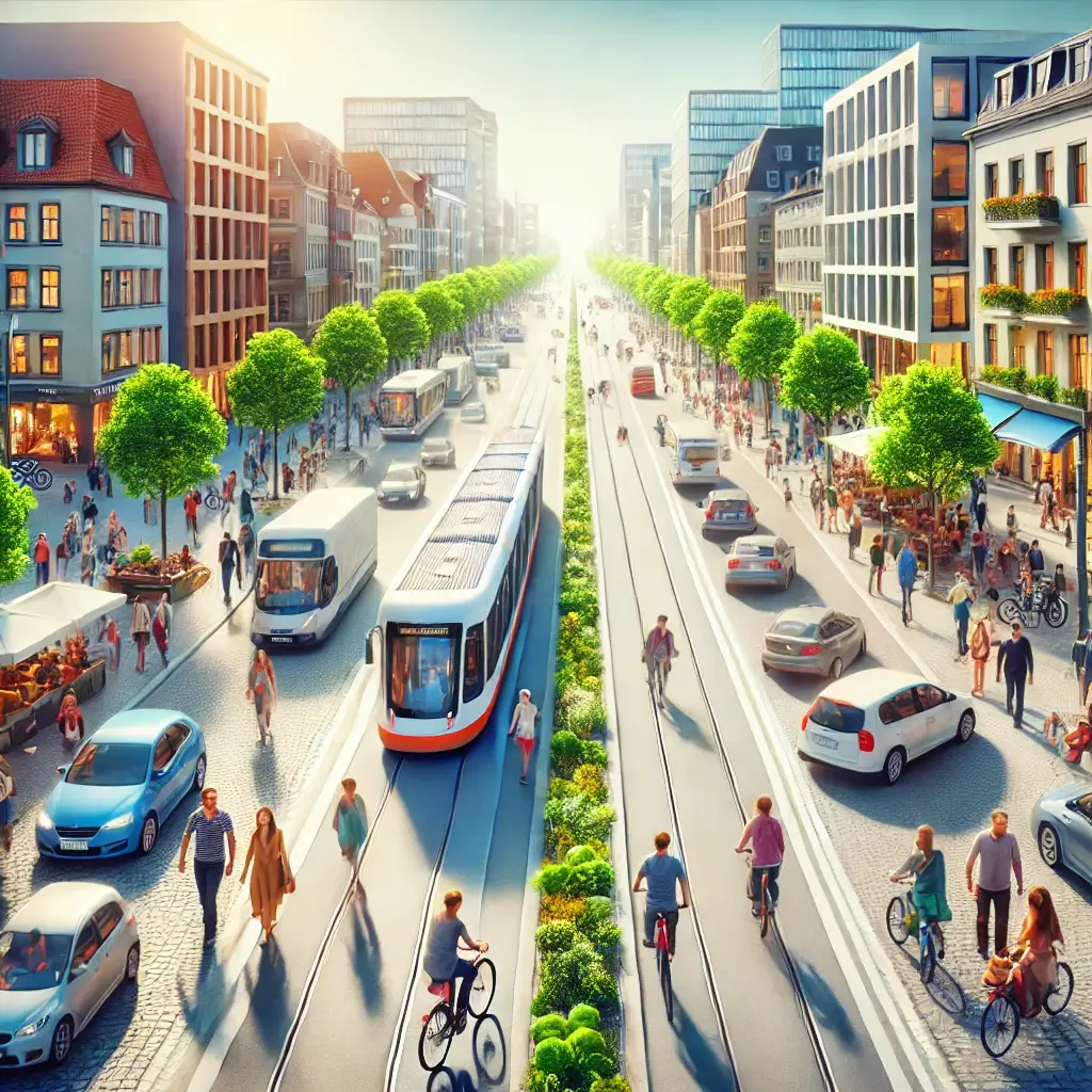 독일의 ‘차 없는 도시’ 프로젝트를 표현한 이미지입니다! 🚶‍♀️🚲🌿 깨끗한 거리와 친환경적인 분위기를 강조했어요