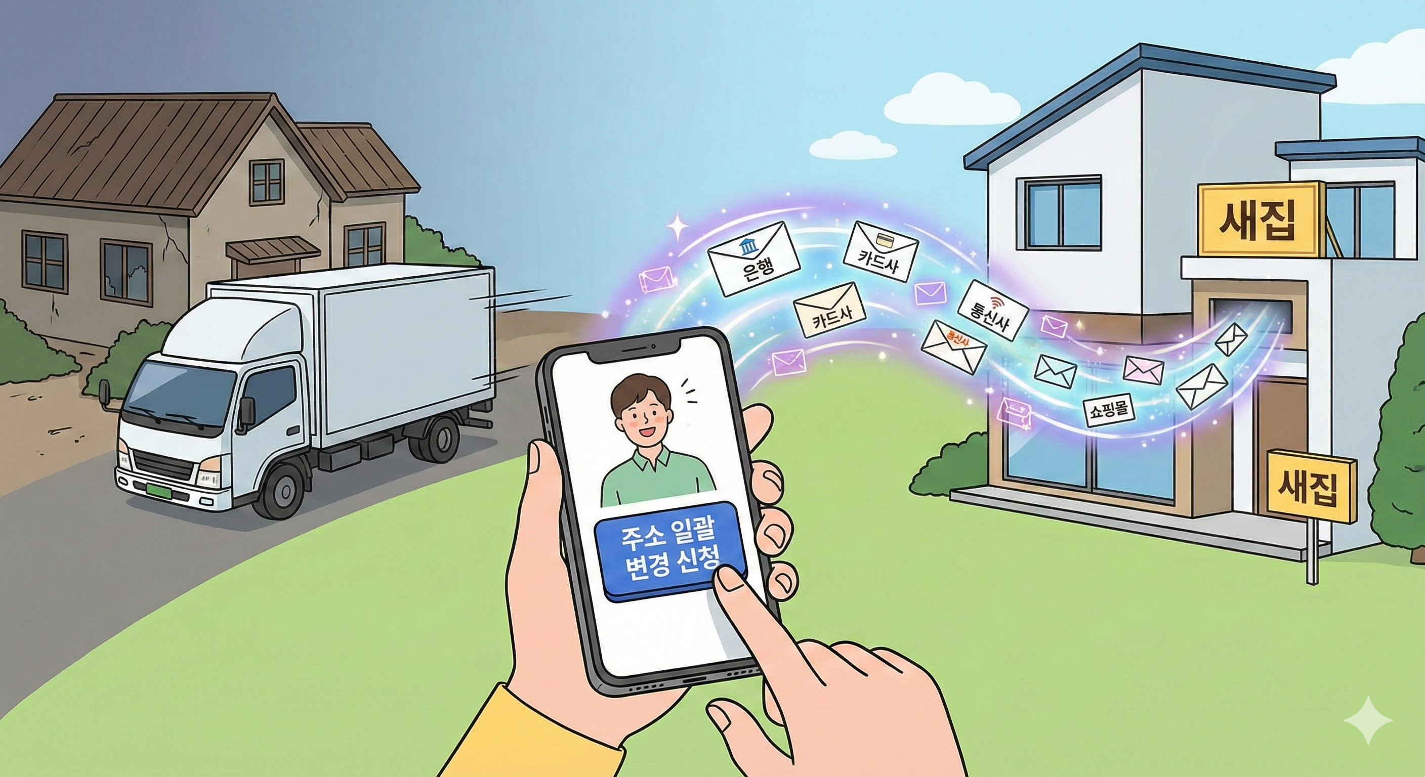 2026년 이사 후 주소 일괄 변경 서비스 일러스트. 이사 트럭이 떠나는 배경 앞에서 사용자가 스마트폰으로 '주소 일괄 변경 신청' 버튼을 누르자, 공중에 떠다니던 은행, 카드사, 통신사, 쇼핑몰 우편물 봉투들이 마법처럼 새집으로 빨려 들어가는 모습.