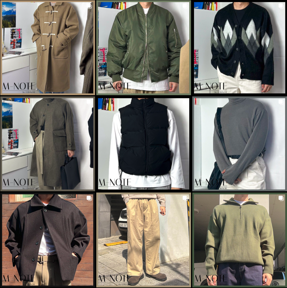 내 인스타그램의 피드이다.
9개의 피드 전부 쇼핑몰에 업로드한 상품의 썸네일들이다.
너무나도 정적인 피드인 지라 좀 더 동적이고, 인물 컨텐츠 답게 바꿔보려 한다.