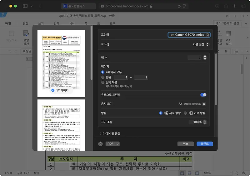 프린터나 pdf 로 출력도 할 수 있다.