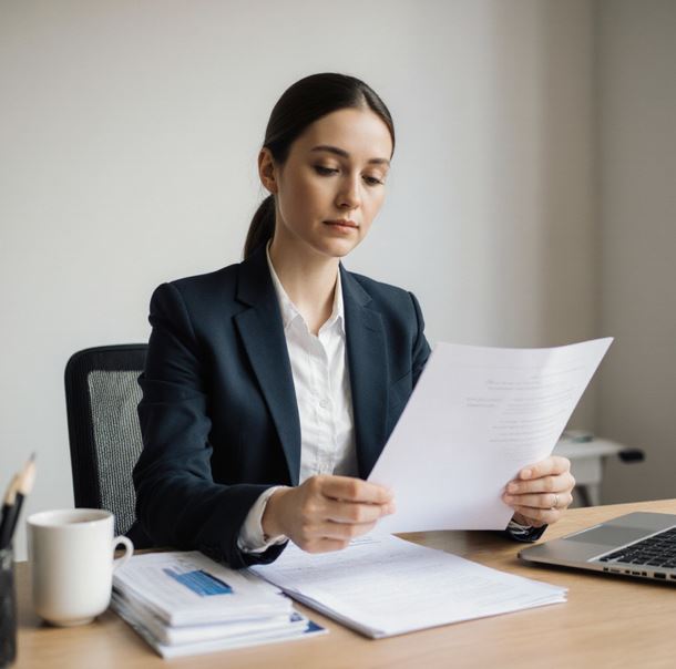 한 여성이 깔끔하게 정리된 책상에서 정장을 입고 차분하게 발표 자료를 준비하고 있다.