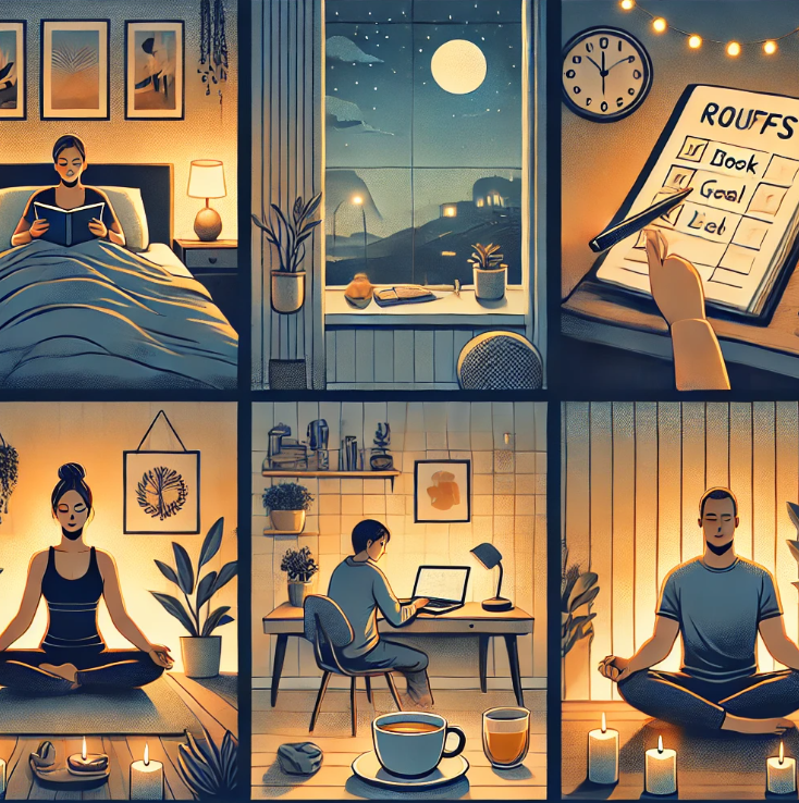 저녁 루틴 실천 모습 모음: 독서, 명상, 목표 체크, 작업 정리, 차 한 잔으로 마무리하는 자기관리 시간
