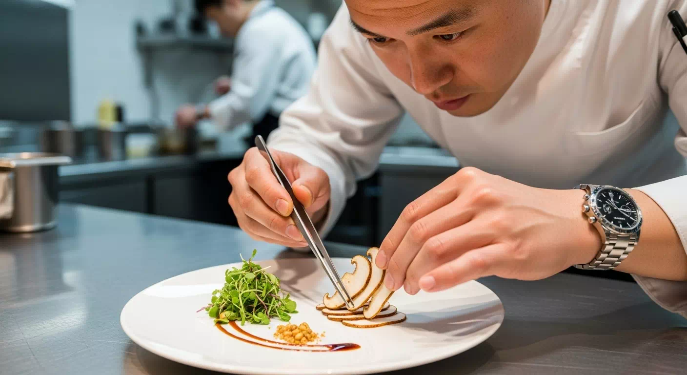 송이버섯요리를 세팅하고 있는 요리사