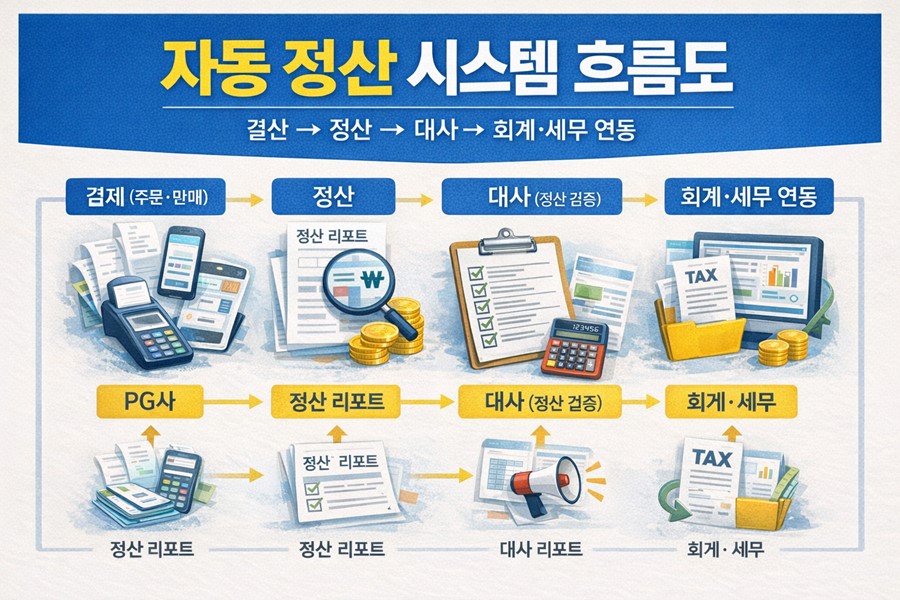 결제 데이터와 정산 리포트를 대사한 뒤 회계 및 세무로 연동하는 자동 정산 시스템의 전체 흐름을 한 장으로 보여주는 다이어그램입니다.