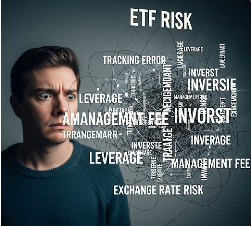 복잡한 거미줄처럼 얽혀 있는 다양한 ETF 위험성 키워드들(레버리지, 인버스, 추적 오차, 운용 보수, 환율 리스크)을 사람이 불안한 표정으로 바라보고 있다. ETF 투자가 단순하지 않다는 것을 시각적으로 보여준다.