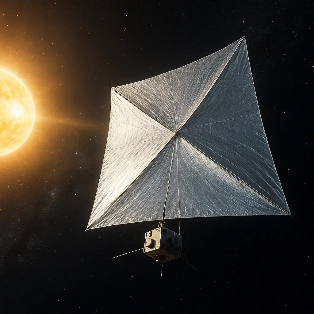 태양 빛을 받아 돛을 펼친 솔라세일 우주선 일러스트